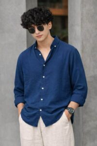 blue shirt outfit for men 💙 casual summer style with linen pants minimal fashion look