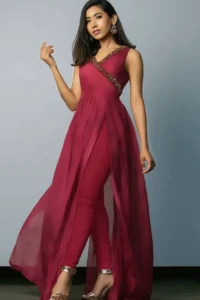 raspberry red crepe cigarette pant suit with zardosi work